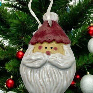 Vintage Santa Claus Face Christmas Tree Ornament Glossy Ceramic